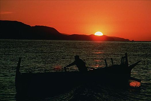 剪影,捕鱼者,渔船,马拉加,西班牙