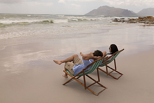 情侣,放松,沙滩椅,海滩
