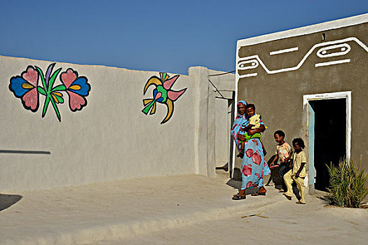 女人,孩子,彩色,涂绘,努比亚,房子,乡村,苏丹,非洲
