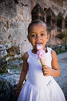 一个,女孩,肖像,吃,冰淇淋