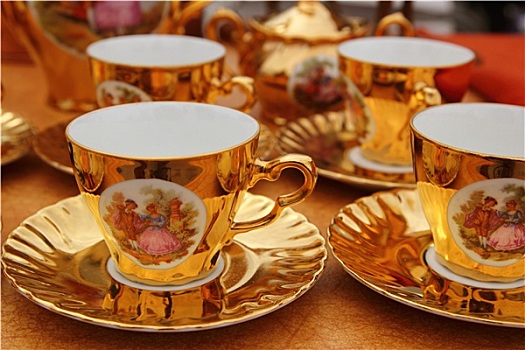 古老,金色,瓷器,杯子,咖啡,茶