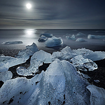 冰山,靠近,河,泻湖,月光,东方,冰岛