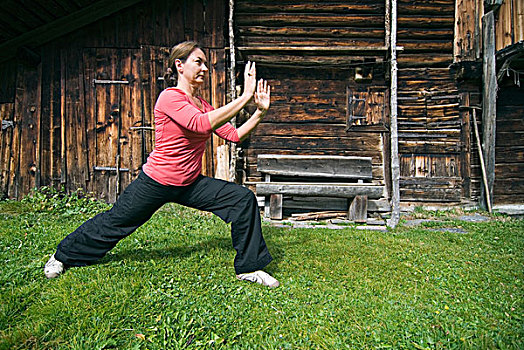 女人,40多岁,吃,正面,木质,小屋,瑞士,阿尔卑斯山,欧洲