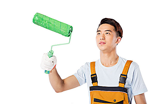 穿黃色衣服的粉刷工人
