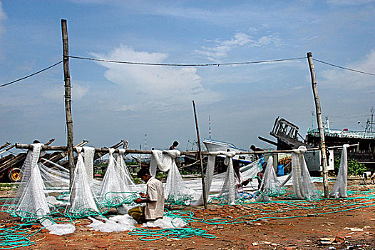 修理,渔网,渔村,港口,城市,孟加拉