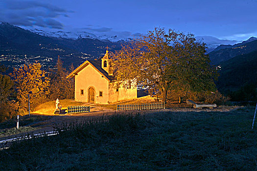 小教堂,远眺,山谷,黃昏,瓦莱,瑞士,欧洲