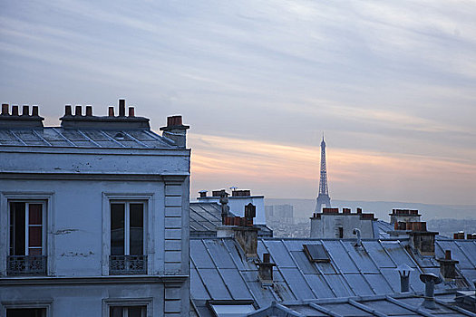 日落,上方,蒙马特尔,埃菲尔铁塔,远景,巴黎,法国