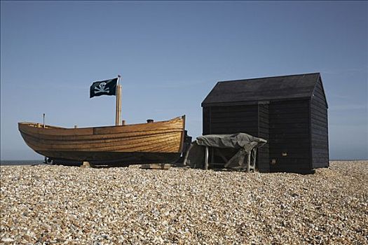 船,旗帜,小屋,海滩,英格兰