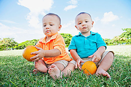 相似,幼儿,男孩,坐,公园,拿着,橘子,檀香山,瓦胡岛,夏威夷,美国