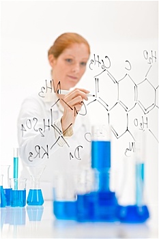 女人,科学家,实验室,书写,化学式