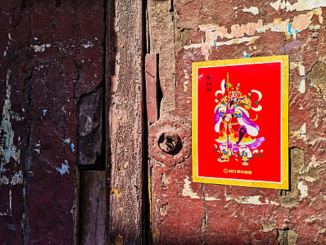 北京胡同里只贴了一个门神的旧门
