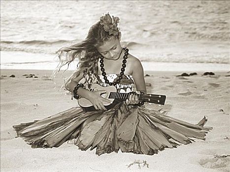 草裙舞,演奏,夏威夷四弦琴,海滩,黑白照片