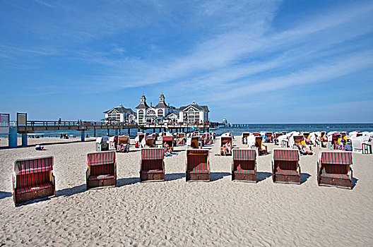 沙滩椅,沙滩,码头,塞林,梅克伦堡前波莫瑞州,德国,欧洲