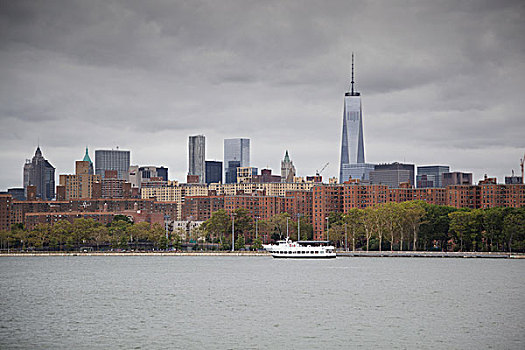 纽约,天际线,一个,世贸中心,游船,东河,美国