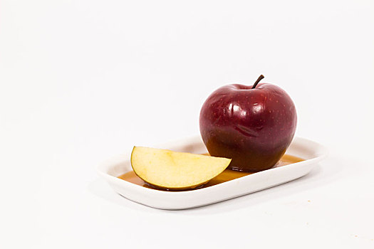 红苹果,切片,白色背景,盘子,蜂蜜,隔绝