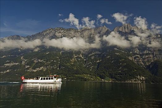 湖,船,游客,阿彭策尔,阿尔卑斯山,瑞士,欧洲