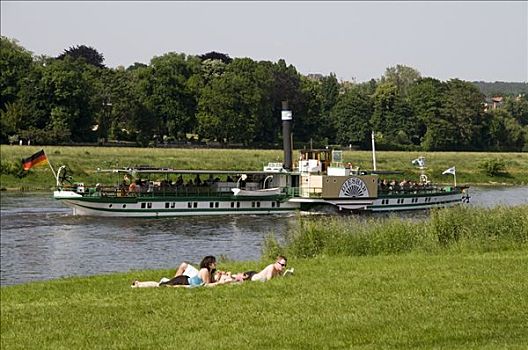 伴侣,岸边,易北河,桨轮船,蒸汽船,德累斯顿,萨克森,德国