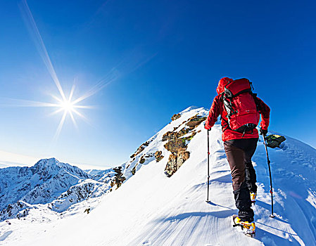 極限,冬季運動,攀登,頂端,雪,頂峰,阿爾卑斯山,概念,堅決,成功,勇敢