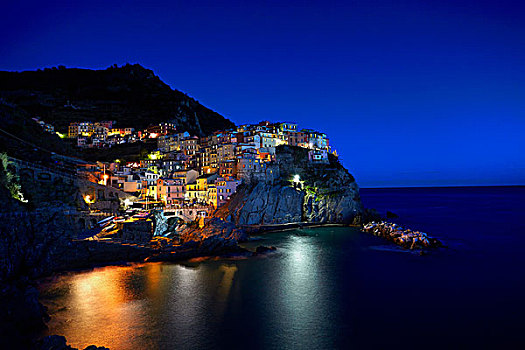 水岸,悬崖,城镇,夜晚,意大利