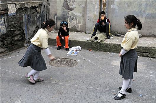 孩子,玩,中国人,跳绳,地区,伊斯坦布尔,土耳其