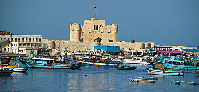 堡垒,地中海,亚历山大,埃及,前景,彩色,渔船