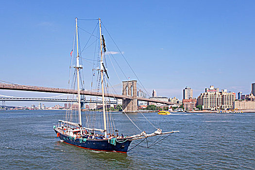 航行,船,正面,布鲁克林,桥,纽约,美国
