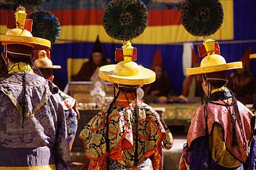 尼泊尔,佛教,喇嘛,戴着,传统,黄色,帽子