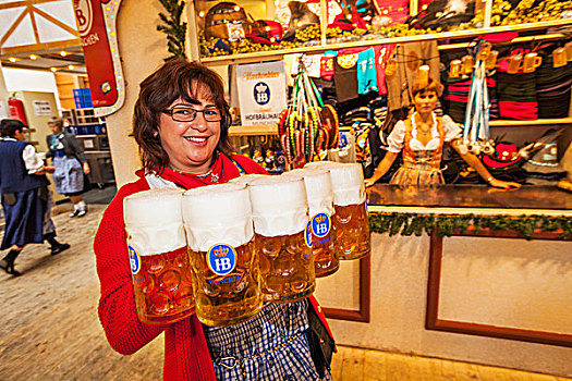 德国,巴伐利亚,慕尼黑,女店员,啤酒,啤酒杯