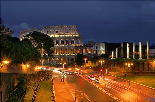 著名,罗马,竞技场,光亮,街道,夜晚