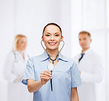 医药健康,概念,微笑,女医生,护理,听诊器