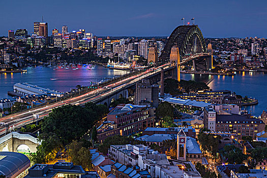 澳大利亚,悉尼,石头,区域,悉尼港大桥,俯视图,黃昏