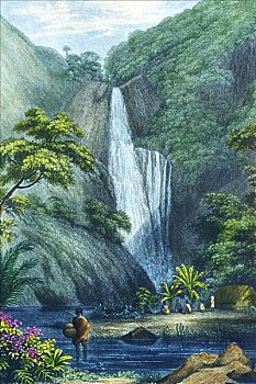 插画,夏威夷,考艾岛,瀑布,土著,前景