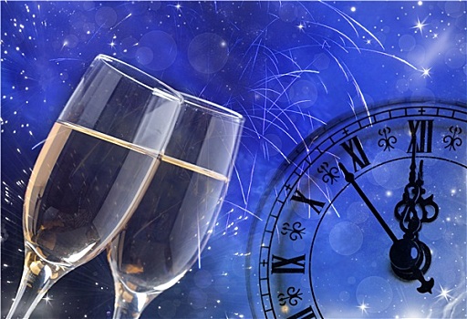 玻璃杯,香槟,钟表,挨着,午夜