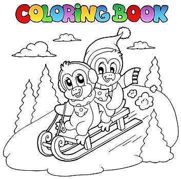 上色画册,企鹅,滑雪橇
