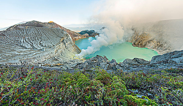 火山,火山囗,火山湖,蒸汽,晨光,东方,爪哇,印度尼西亚,亚洲