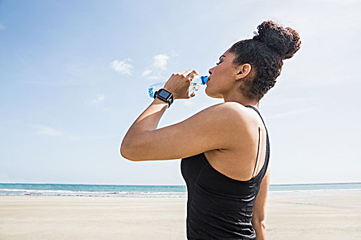 健身,女人,饮用水,瓶子,海滩