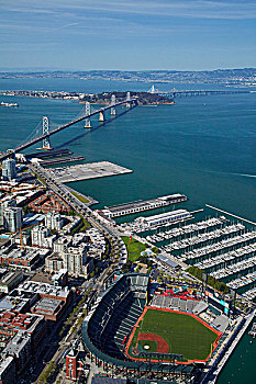 美国,加利福尼亚,旧金山,球场,家,棒球队,南海滩,码头,市区,海湾大桥,俯视