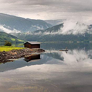 小,木质,建筑,边缘,码头,平和,湖,霍达兰,挪威