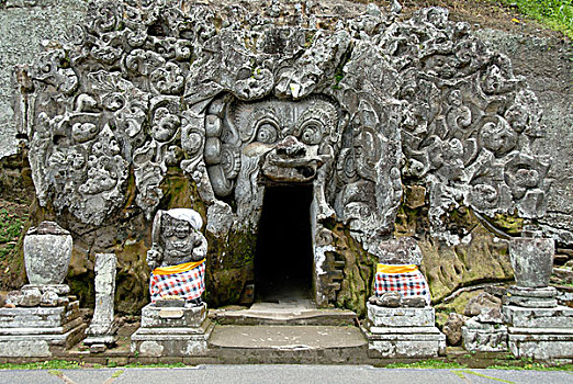 巴厘岛,印度教,入口,洞穴,嘴,魔鬼,华丽,老,石头,浮雕,果阿,靠近,印度尼西亚,东南亚,亚洲