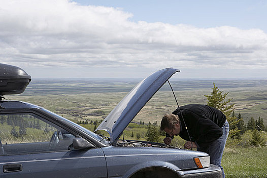 男人,看,引擎盖,道路,草原国家公园,萨斯喀彻温,加拿大