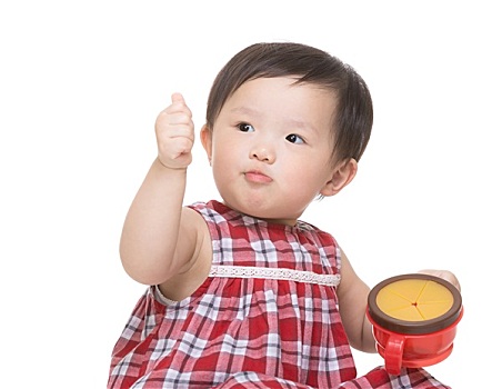 亚洲人,小女孩,吃,餐食,竖大拇指
