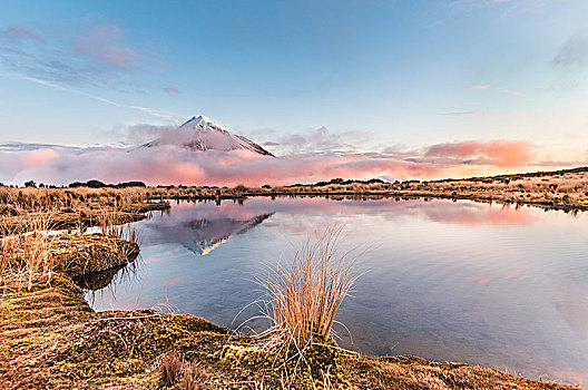 反射,山中小湖,湖,粉色,云,层状火山,塔拉纳基,日落,艾格蒙特国家公园,新西兰,大洋洲