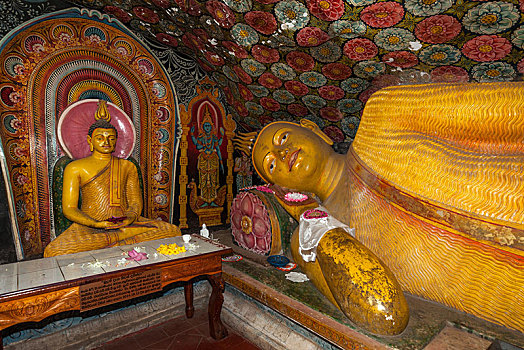 卧佛,雕塑,涂绘,天花板,石头,洞穴,庙宇,中央省,斯里兰卡,亚洲