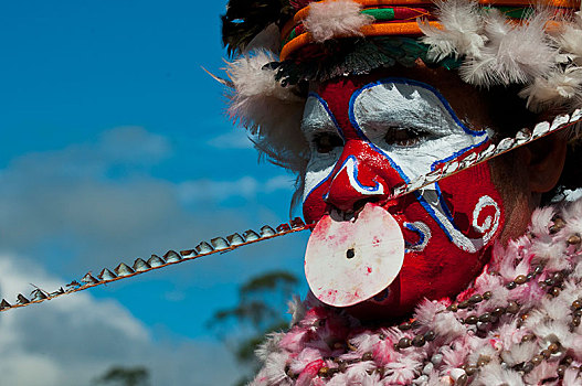 部落,装饰,服饰,脸部彩绘,传统,唱歌,哈根,西高地,省,巴布亚新几内亚,大洋洲