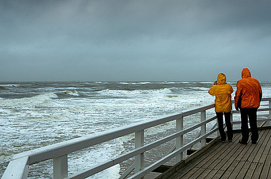 伴侣,水边,散步场所,看,风暴,海洋,后视图