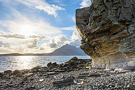 岩石,海洋,悬崖,蜂窝,风化,太阳,发光,上方,湖,斯凯岛,苏格兰,英国