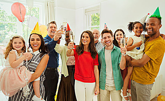 头像,热情,多种族,多口之家,庆贺,聚会,香槟,派对帽