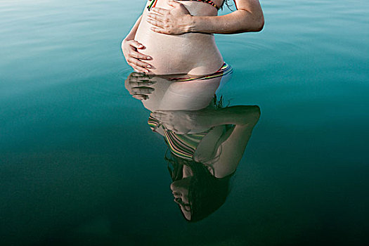 孕妇,站立,湖