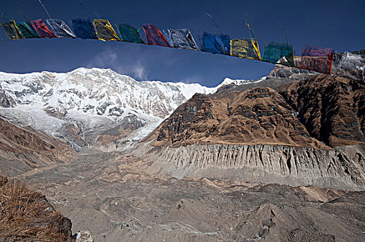 尼泊尔,安纳普尔纳峰,露营,经幡,背景