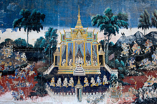 壁画,场景,高棉,经典,印度,罗摩衍那,遮盖,画廊,银,塔,皇宫,金边,柬埔寨,东南亚,亚洲